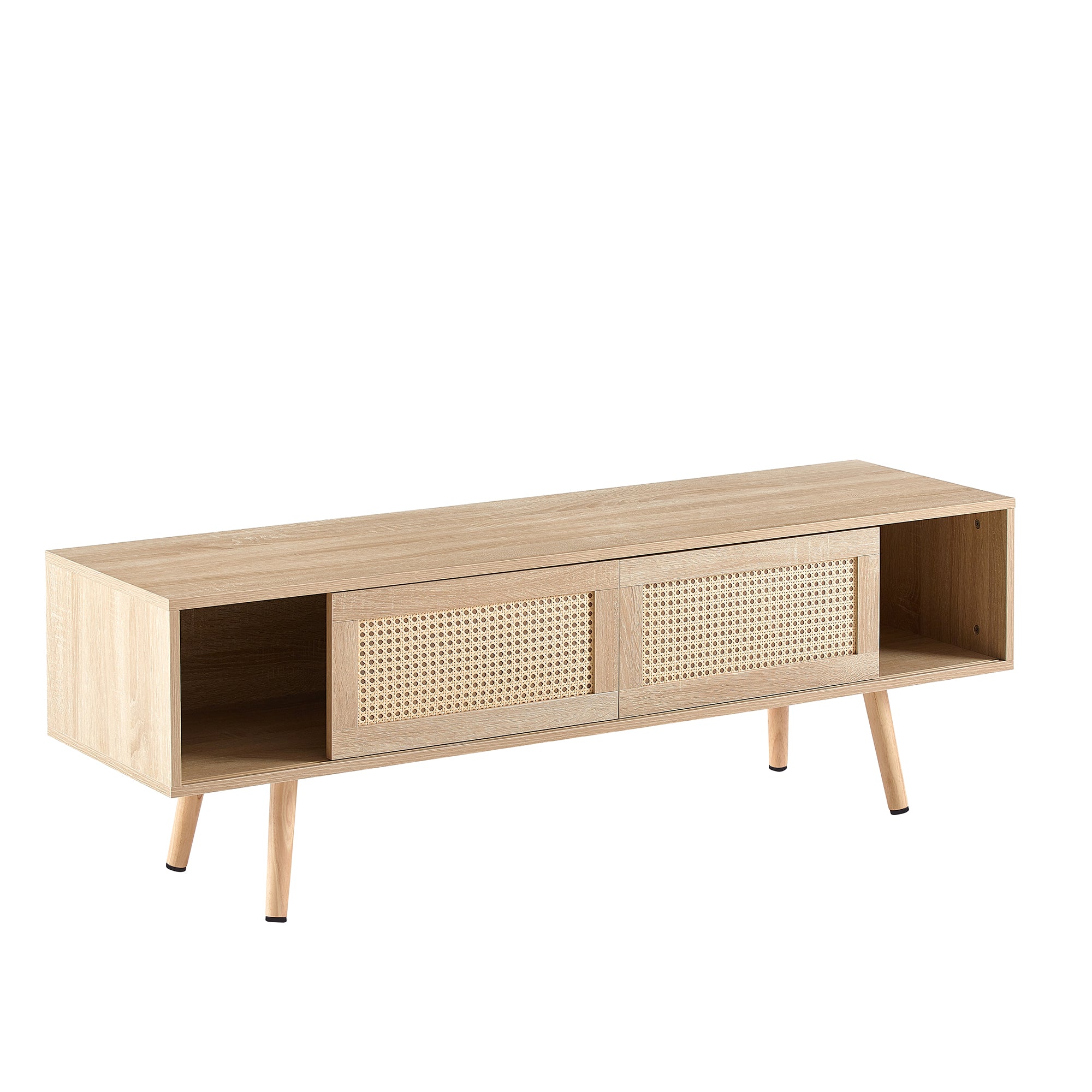 55.12" Rattan TV cabinet double sliding doors for storage adjustable shelf solid wood legs TV console for living room natural