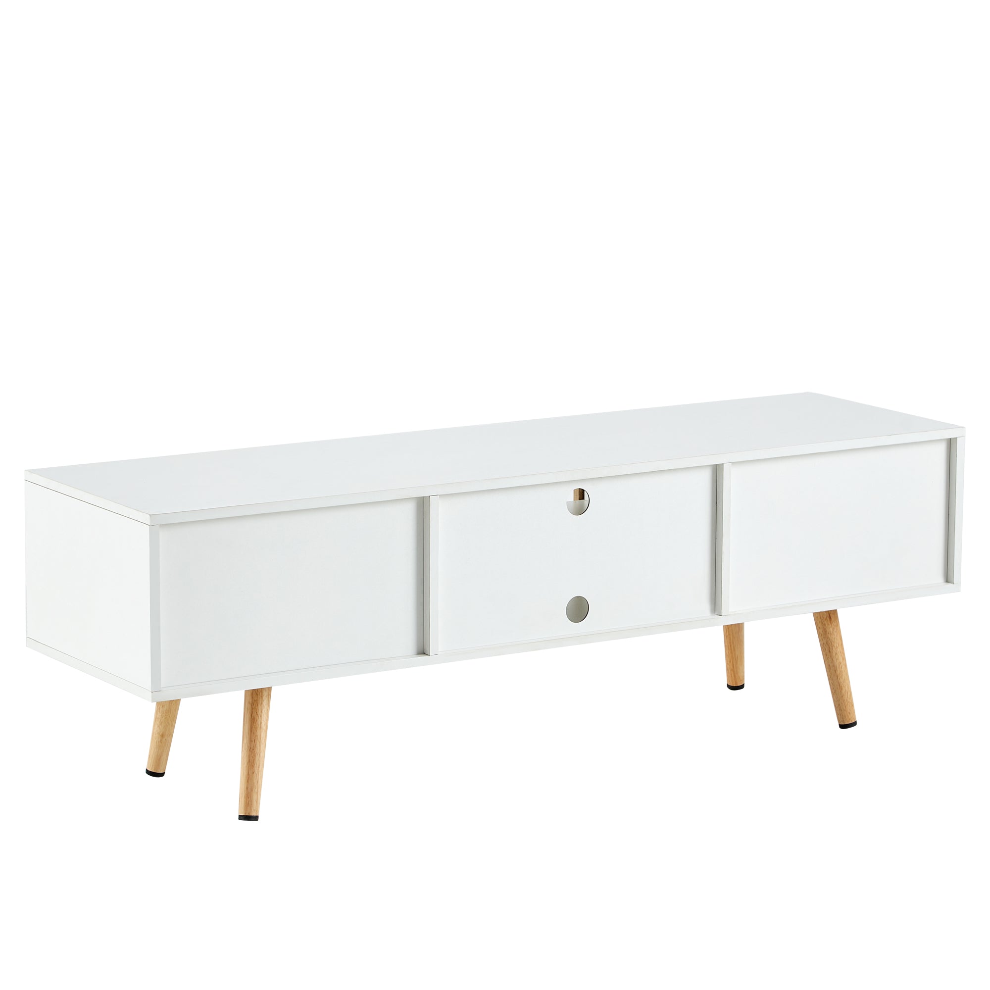 55.12" Rattan TV cabinet double sliding doors for storage adjustable shelf solid wood legs TV console for living room  White