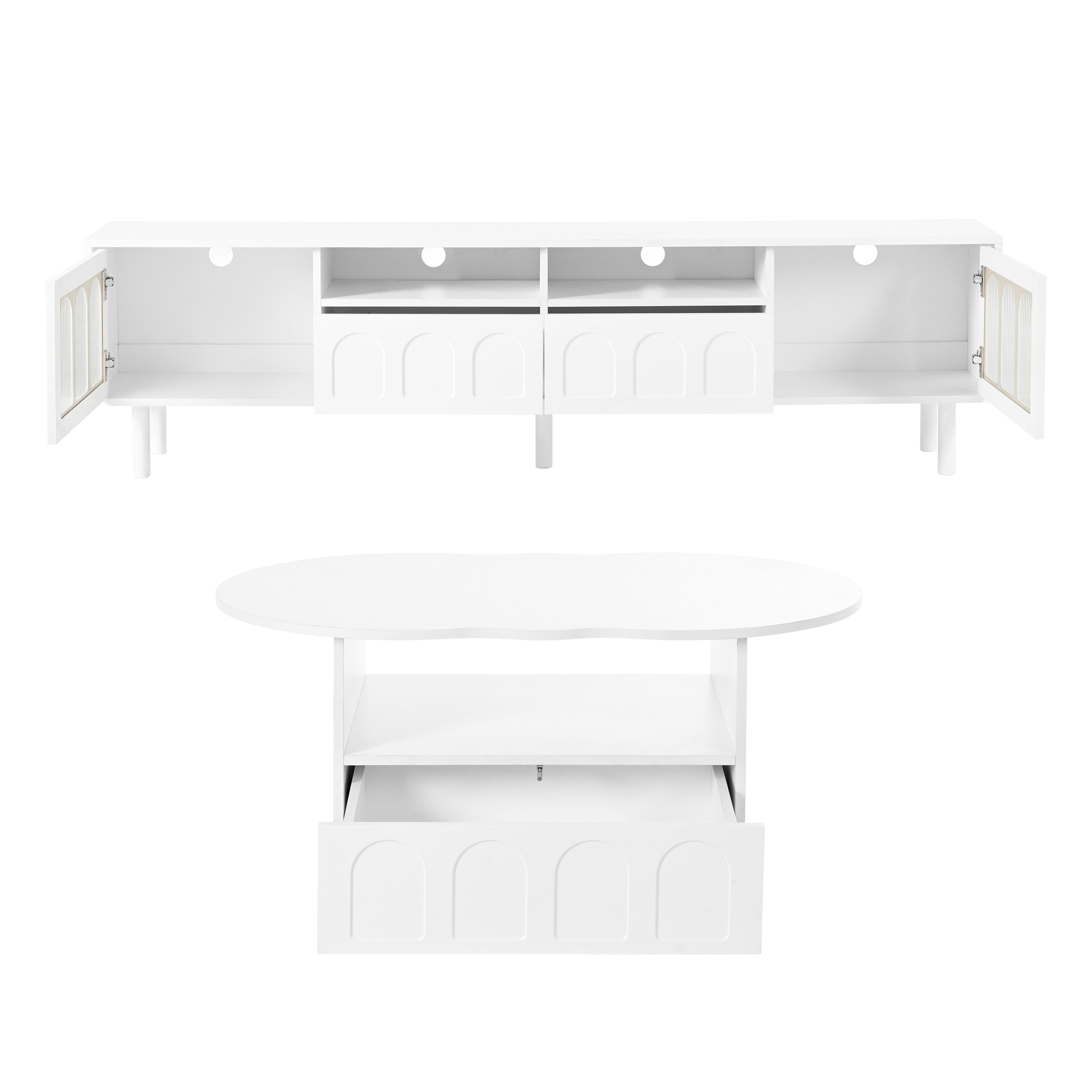 Two sets of ON-TRANS cream style TV stands and coffee tables, suitable for TVs under 80 inches, white
