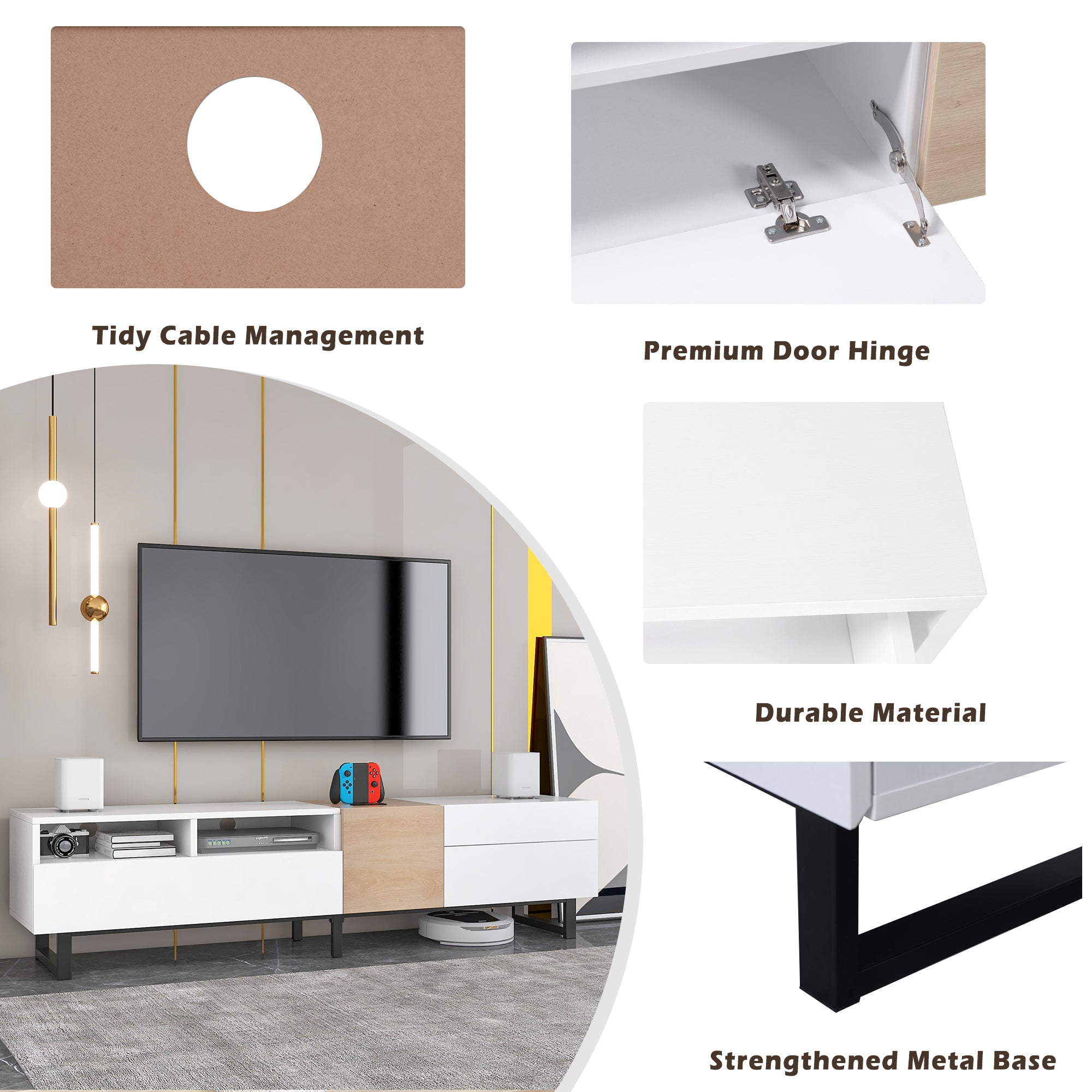 Modern TV Stand for 80'' TV with Double Storage Space Media Console Table Entertainment Center with Drop Down Door