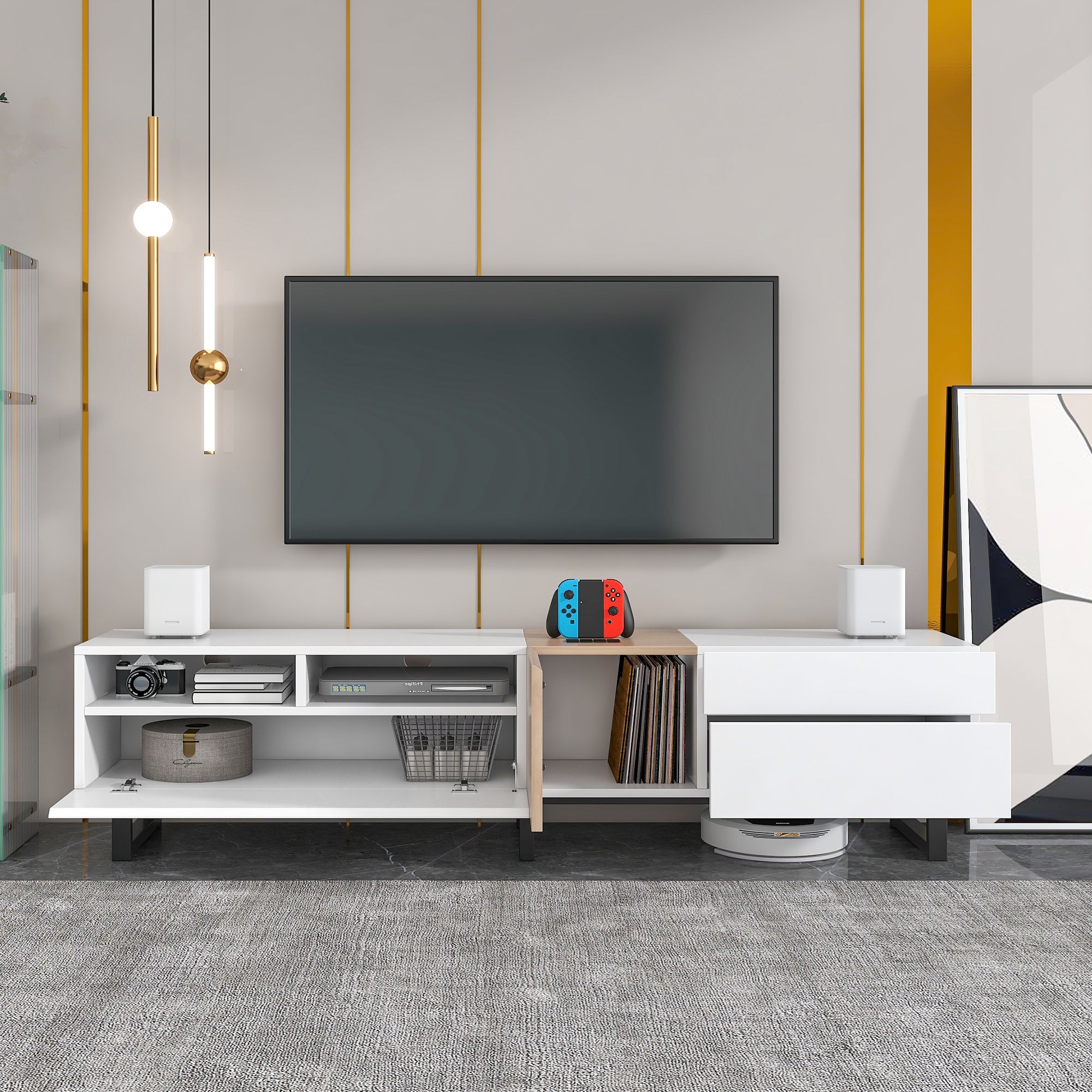 Modern TV Stand for 80'' TV with Double Storage Space Media Console Table Entertainment Center with Drop Down Door