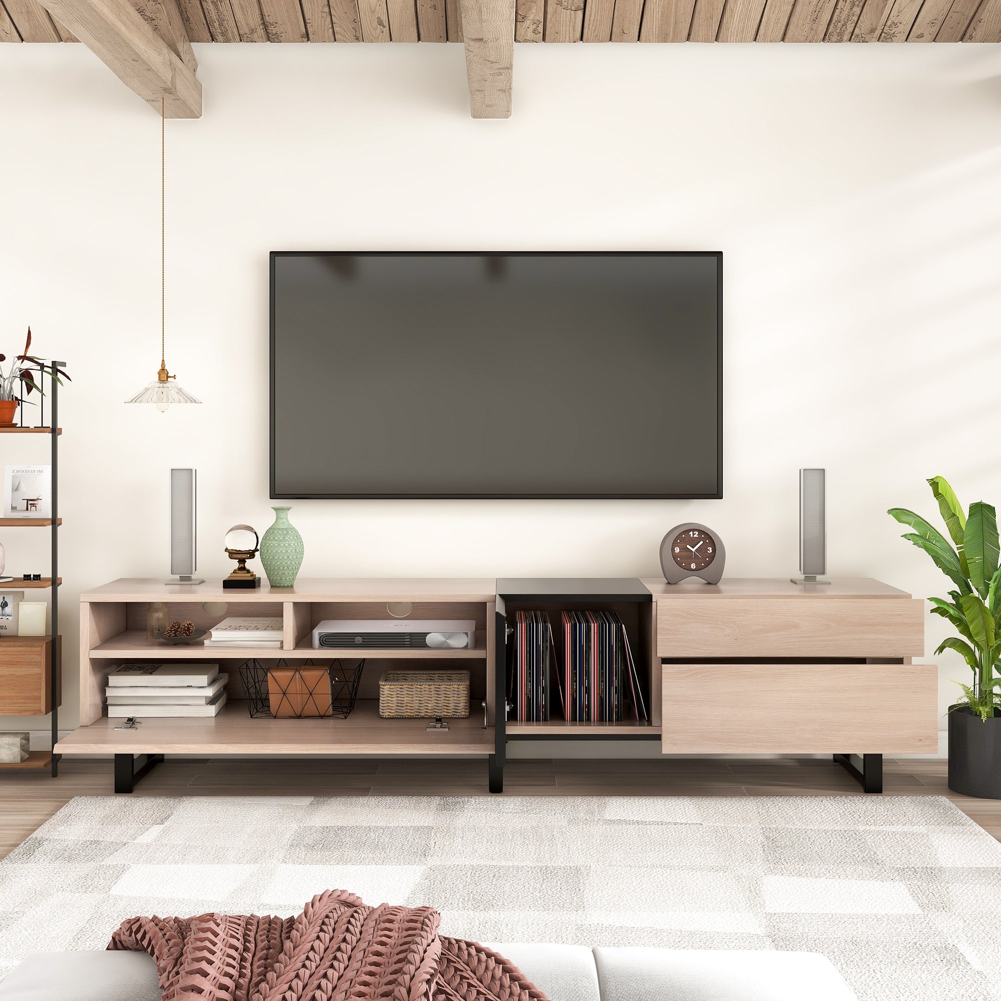 Modern TV Stand for 80'' TV with Double Storage Space Media Console Table Entertainment Center with Drop Down Door