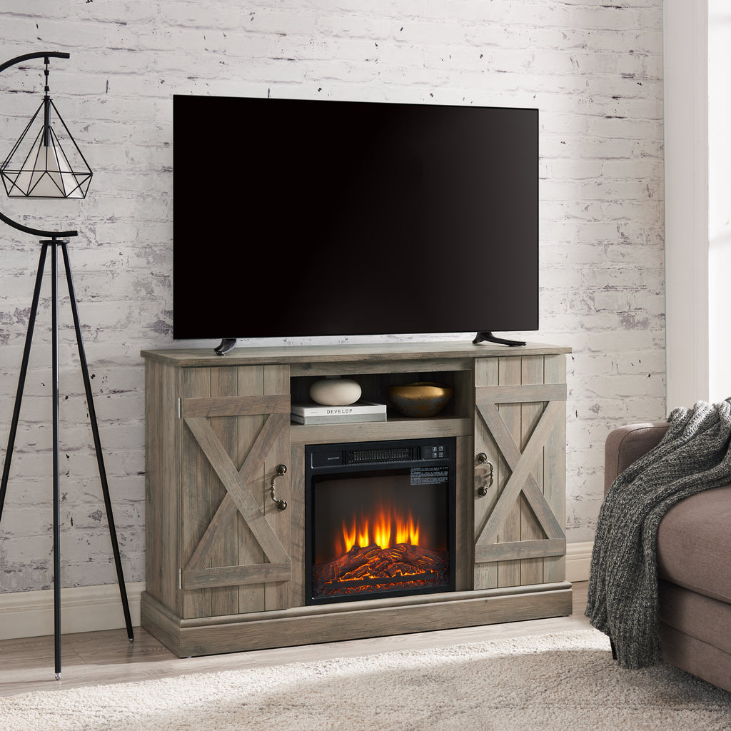 Farmhouse Classic Media TV Stand Antique Entertainment Console with 18" Electric Fireplace Insert for TV up to 50" with Open